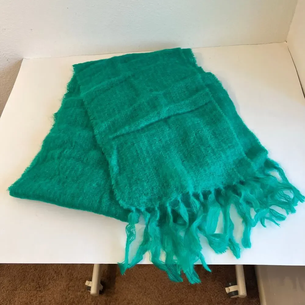 John Hanly & Co Ireland Green Hand Woven Mohair/Wool Fringe Long Wrap Scarf NEW